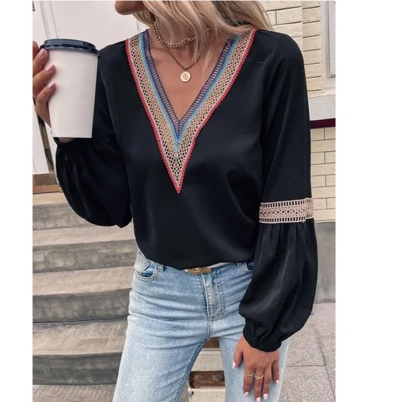 Eylet Embroidery Trim V-Neck Boho Shirt Black , Long  Lantern Sleeve - Picture 6 of 7